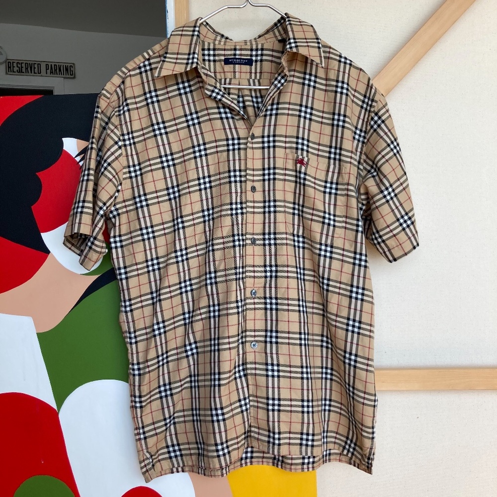 Burberry Plaid Print Short Sleeve Button Up Shirt